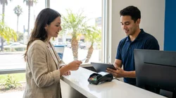 Agent handing keys to a customer at a car rental desk in California