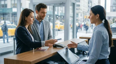 Close-up of a person handing a credit card to an agent at a car hire counter in New York