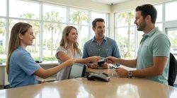 Customer handing a credit card to a staff member at a Florida car hire counter