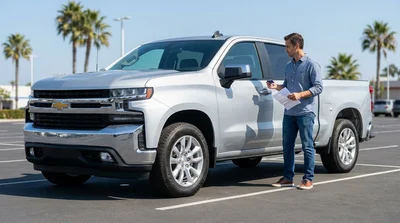 A modern car rental pickup truck driving along a sunny coastal highway in California
