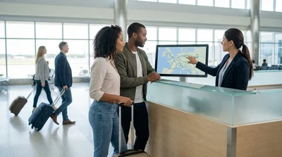 Customer receiving keys at an airport car rental desk in New York