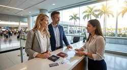 Customer handing travel documents to an agent at a Florida car rental desk