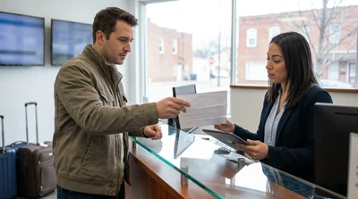 Driver holding a paper license and keys next to a car rental vehicle in Pennsylvania