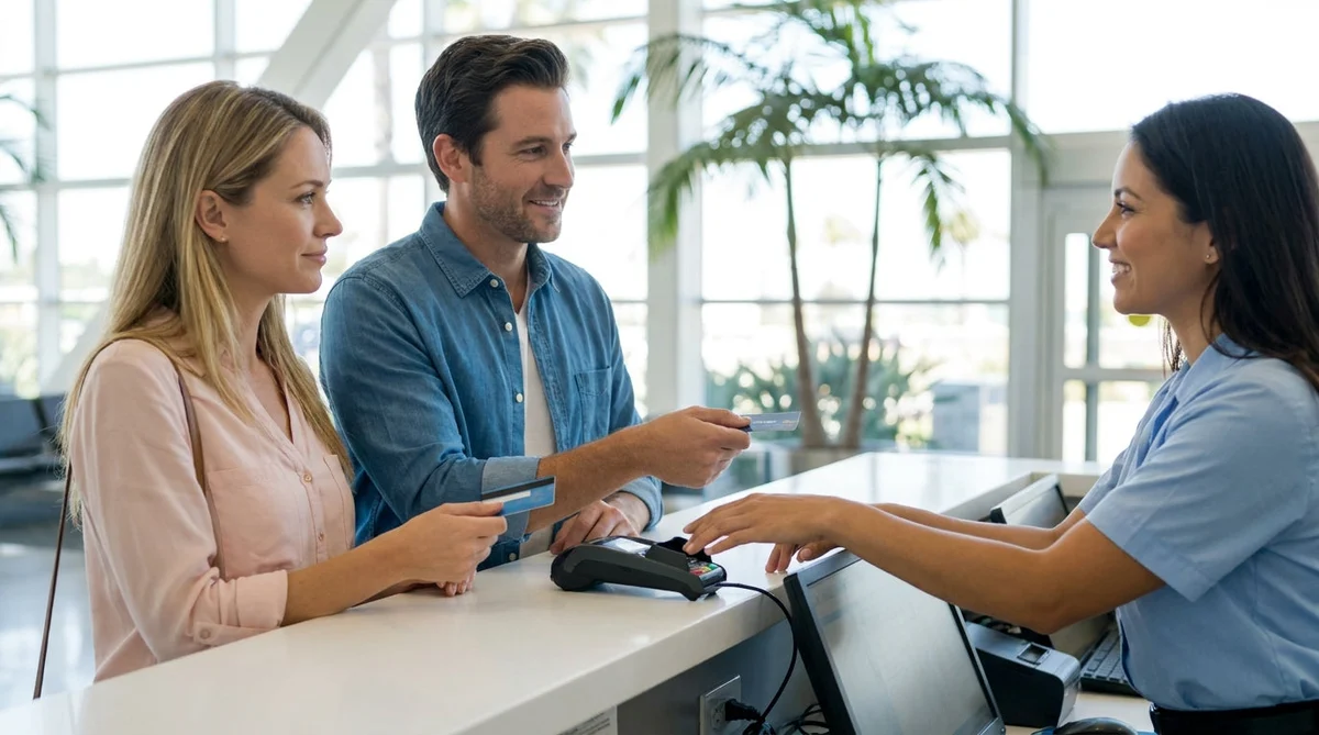 Close-up of a person handing a credit card to an agent at a California car rental desk