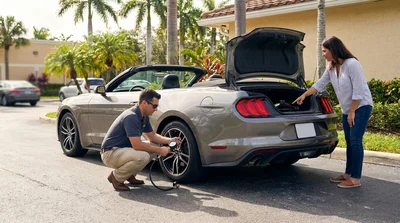 Driver crouching to inspect the tire of a car rental parked on a sunny street in Miami