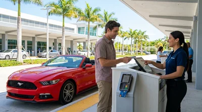 Customer handing a credit card to an agent at a Miami car rental desk