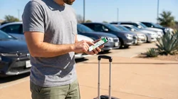 Person holding a smartphone showing map navigation at a Texas car rental lot