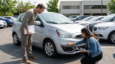 Person with a clipboard inspecting the bumper of a car rental in a Pennsylvania parking lot