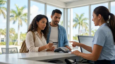 A customer handing a credit card to a staff member at a car rental desk in Miami