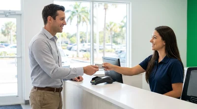 Customer handing a credit card to an agent at a car hire desk in Florida