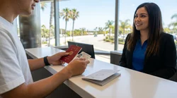 A traveler presenting a driver's license to an agent at a car rental counter in California