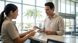 Close-up of a person handing a driving licence to an agent at a car rental desk in Florida