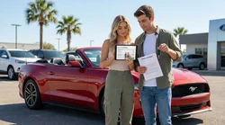 Young adult driving a car hire along a sunny Texas desert highway