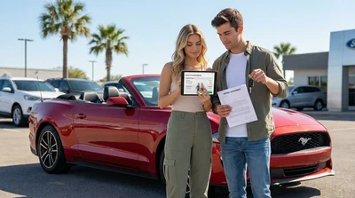 Young adult driving a car hire along a sunny Texas desert highway