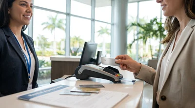 Customer handing a metal credit card to a staff member at a Miami car hire desk