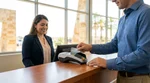 A customer handing a credit card to an agent at a car hire desk in Texas