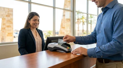 A customer handing a credit card to an agent at a car hire desk in Texas