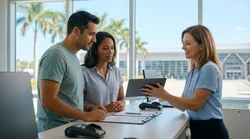 Customer receiving keys from an agent at a car hire desk in Florida