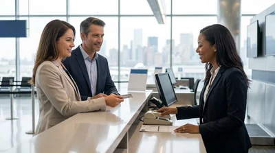 Customer handing a credit card to a service agent at a car hire counter in New York