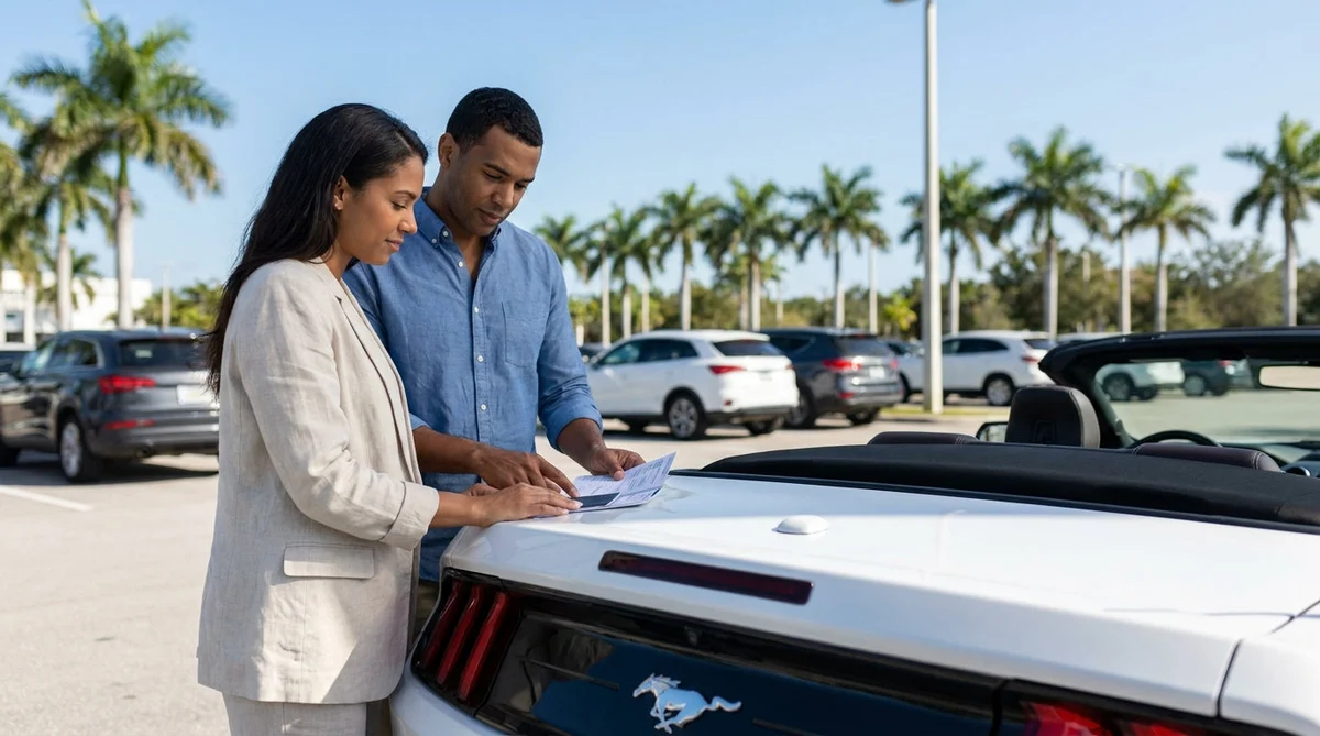Woman driving a convertible car rental along a scenic coastal road in Florida