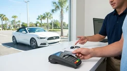 Person handing a credit card to an agent at a Florida car rental desk