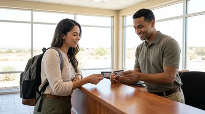 Customer showing two forms of photo ID to a clerk at a car rental desk in Texas