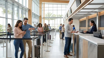 Travelers with luggage queuing at a busy car rental desk inside a Miami airport terminal