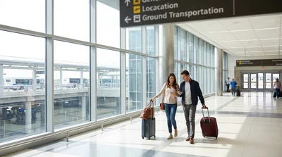 Passengers with luggage walking from an AirTrain station to a car rental shuttle in New York