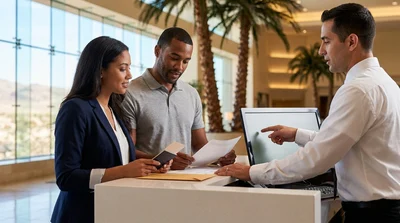 Customer showing documents at a Las Vegas car rental counter