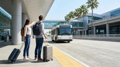 Passengers with luggage boarding a car rental shuttle bus outside LAX Terminal 3 in Los Angeles