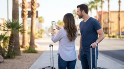 A sleek white car rental driving along the sunny Las Vegas Strip past famous casino resorts