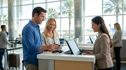Customer handing a credit card to an agent at an Orlando car hire counter