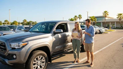 Man and woman receiving keys for a car rental at an agency counter in Texas