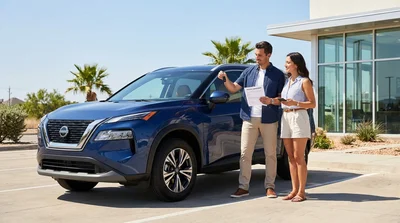 Happy couple driving a car rental on a sunny highway in Texas