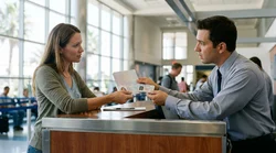 Traveler holding an open passport and keys at a car rental counter in California