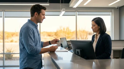 Person handing an ID card to a staff member at a car rental desk in Texas