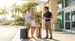 A representative handing over keys to a customer for a car rental next to a parked vehicle in Miami