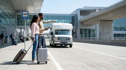 White car hire shuttle bus arriving at a passenger pick-up zone outside DFW Airport in Texas