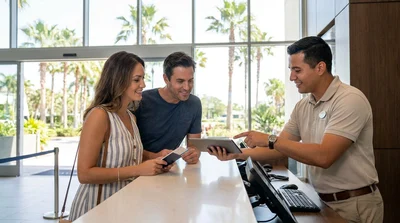 Smiling traveler receiving keys at a car rental counter in a Florida airport