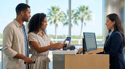 Close up of a person handing a credit card to an agent at a car hire desk in Orlando