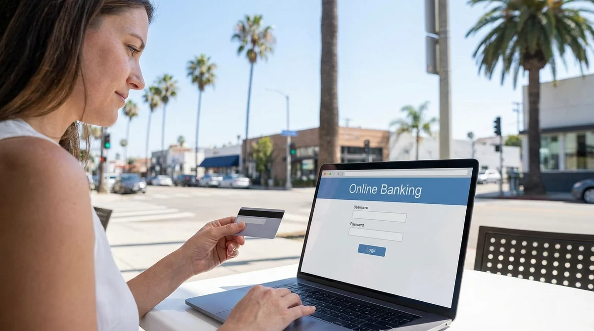 Close up of hands holding a credit card and smartphone at a car rental counter in California