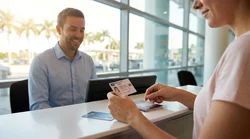Customer handing a driving licence to a car hire agent at a bright Miami desk