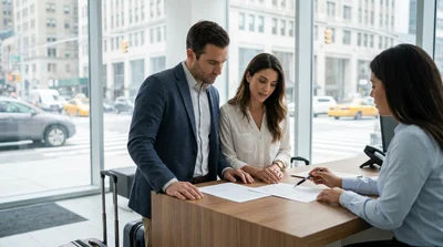 Person signing a car rental agreement at a desk with the New York skyline in the background