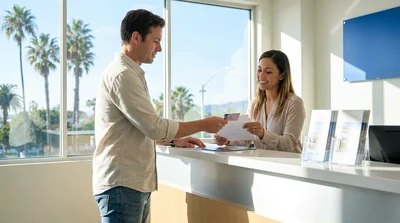 Person showing a UK driving licence to a staff member at a car rental desk in California