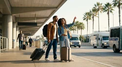 Traveler with luggage boarding a car hire shuttle at LAX International Arrivals in Los Angeles