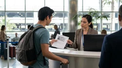 Close up of hands presenting a driving licence at a car rental desk in California