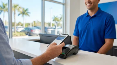 Hand holding a smartphone over a contactless payment terminal at a Florida car hire desk