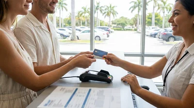 Close-up of a customer handing a credit card to an agent at a car hire desk in Miami