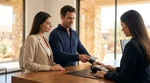 A man and woman passing a credit card to an agent at a car rental counter in Texas