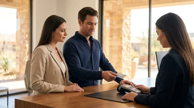 A man and woman passing a credit card to an agent at a car rental counter in Texas